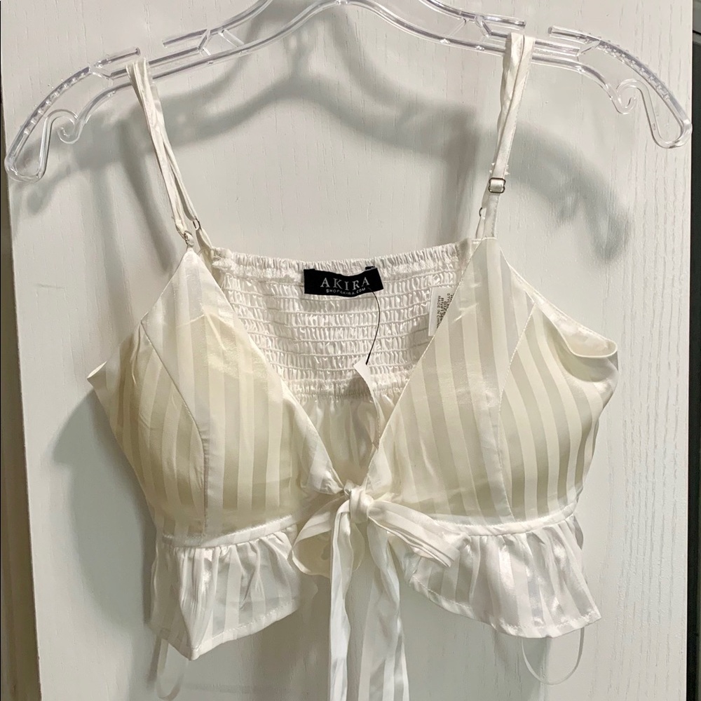 Akira Tie White Ruffle Crop Top - Medium